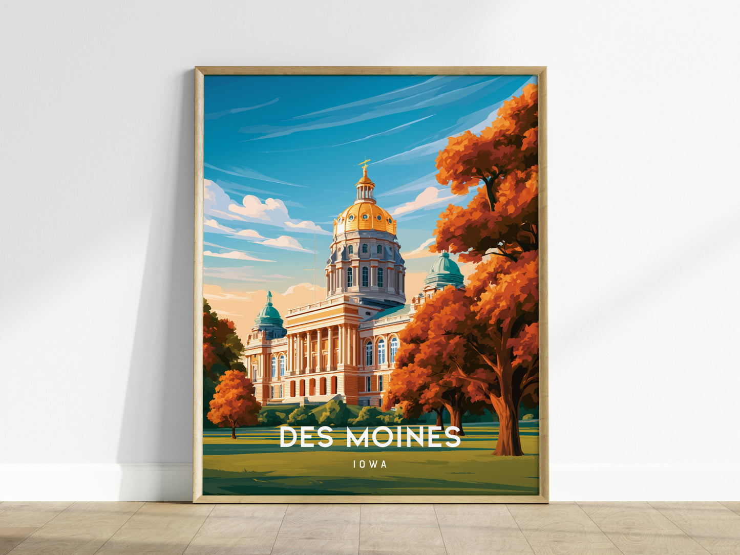 Des Moines, Iowa Poster | Golden Dome & Skyline Destination Print Wall Art — framed wall art