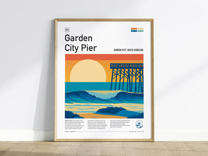 Garden City Pier, Garden City, South Carolina Poster | Surf Waves & Coastal Pier Wall Art — framed wall art
