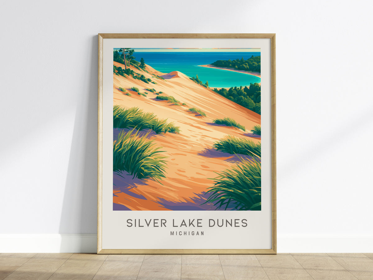 Silver Lake Dunes Matte Border Poster | Michigan Coastal Beach Decor Travel Wall Art — framed wall art