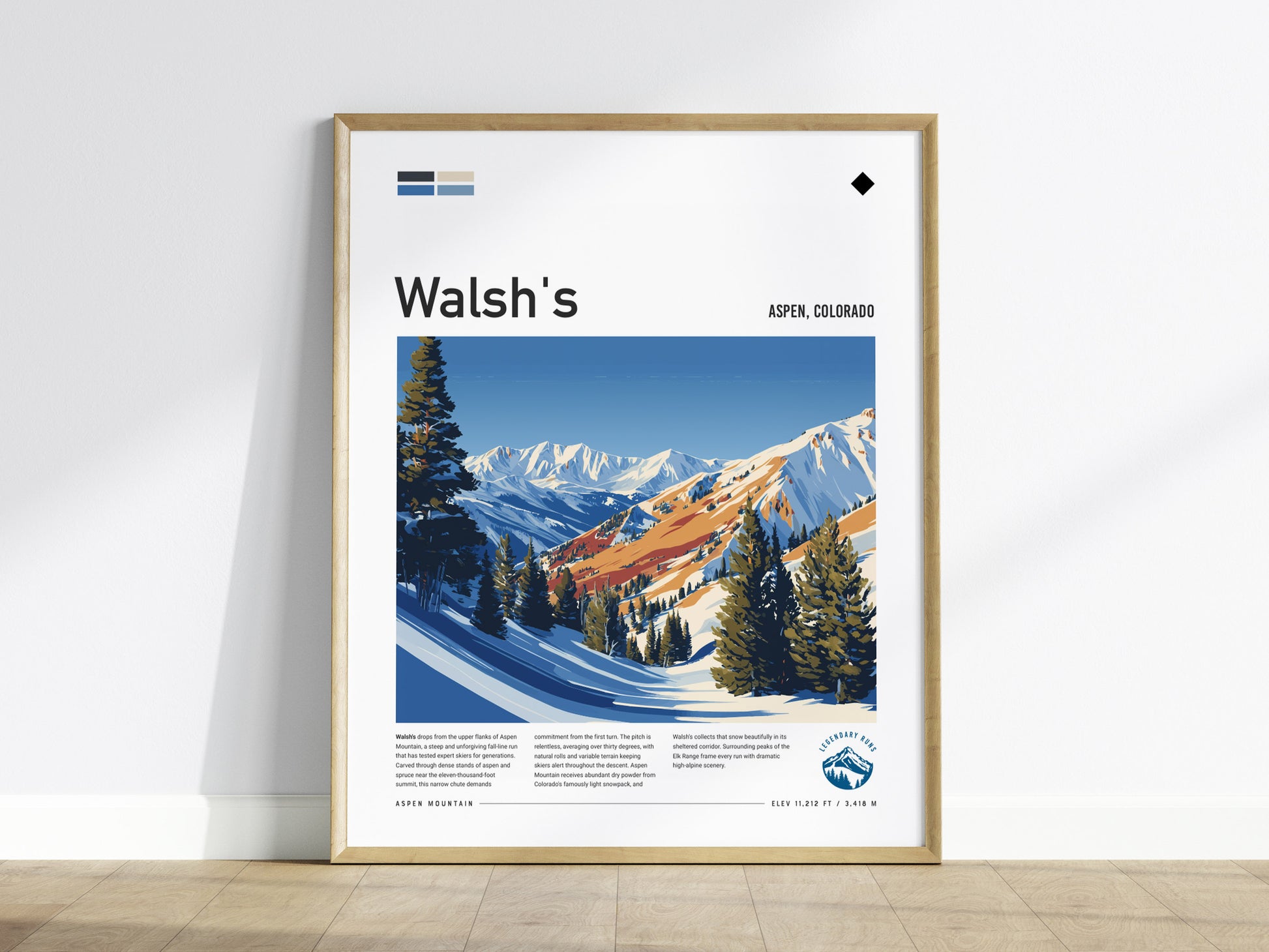 Walsh's, Aspen Poster | Fresh Powder Mountain Ski Run Wall Art — framed wall art
