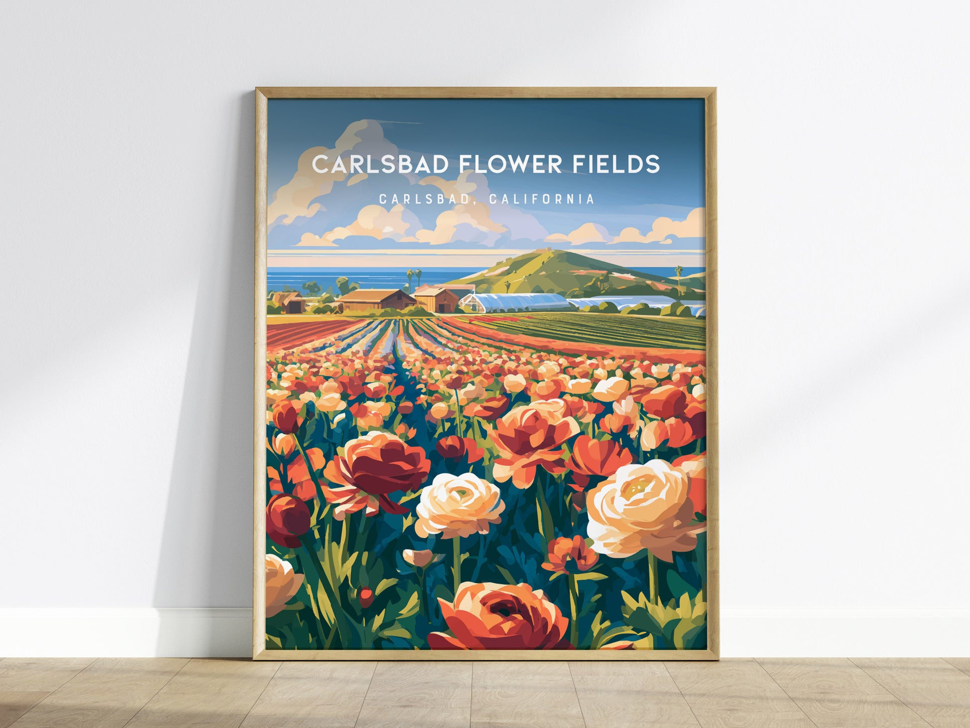 Carlsbad Flower Fields, California Poster | Vibrant Blooms & Coastal Views Wall Art — framed wall art