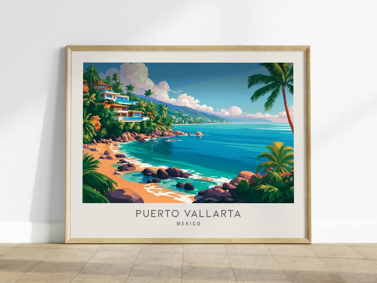 Puerto Vallarta Landscape Matte Border Poster | Mexico Coastal Beach Decor Framed or Unframed — framed wall art
