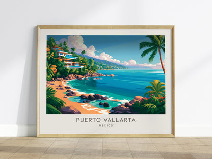 Puerto Vallarta Landscape Matte Border Poster | Mexico Coastal Beach Decor Framed or Unframed — framed wall art