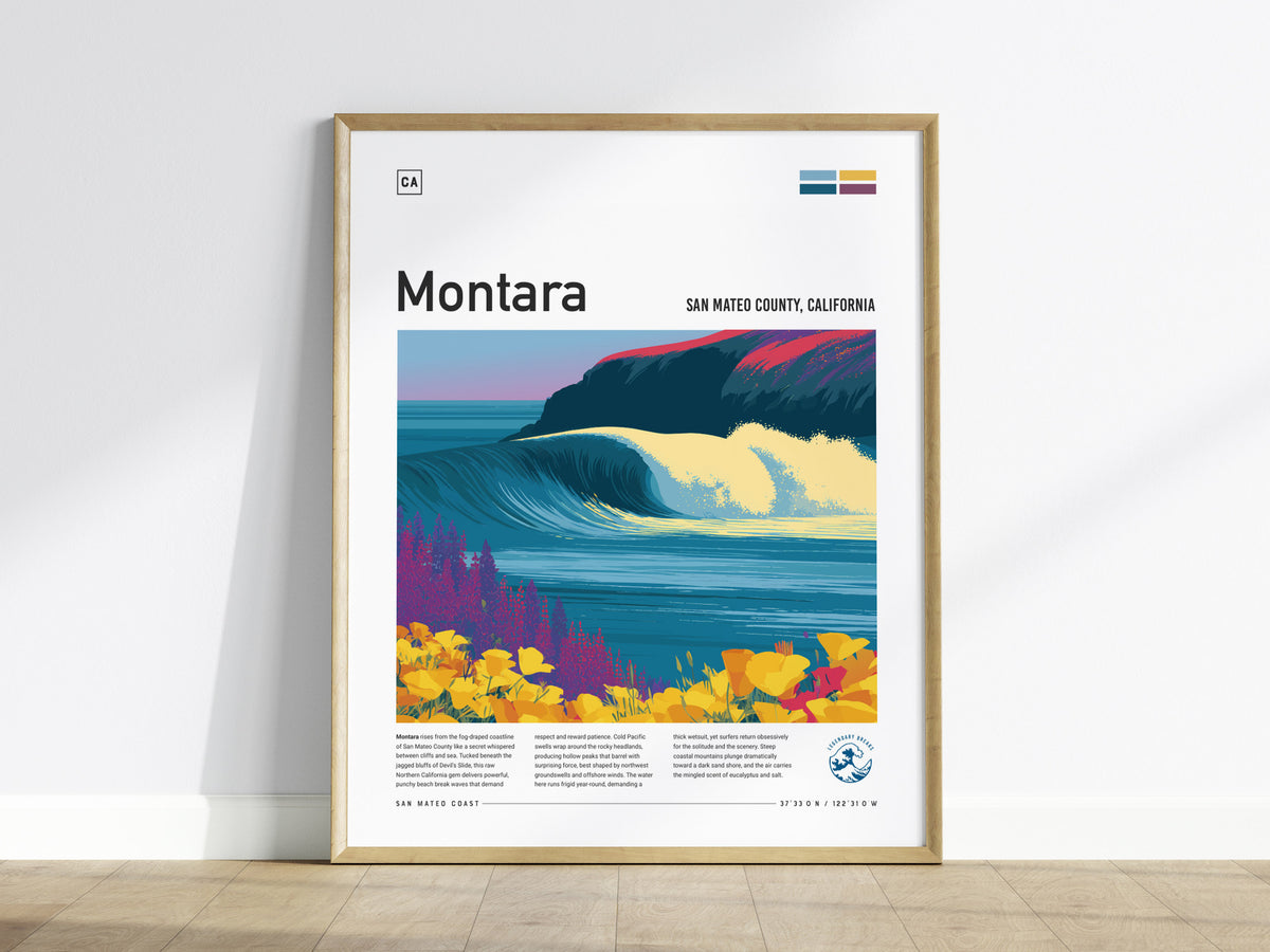 Montara, San Mateo County, California Poster | Misty Cliffs & Surf Break Coastal Poster — framed wall art