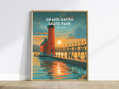 Grand Haven State Park, Michigan Poster | Lighthouse & Pier Beach House Decor Wall Art — framed wall art