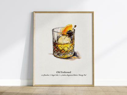 Old Fashioned Cocktail Poster | Vintage Pen & Ink Scientific Illustration Wall Art — framed wall art
