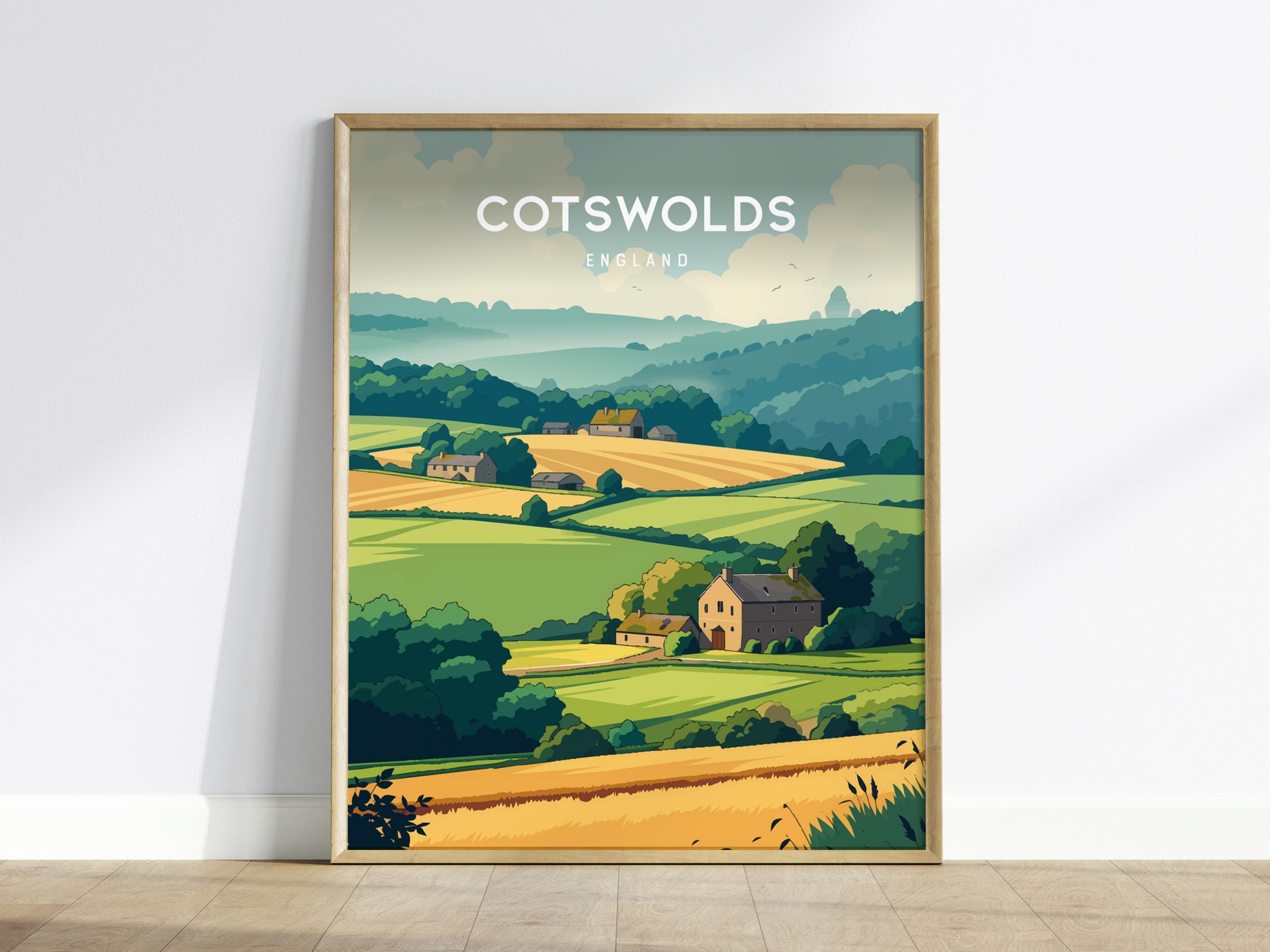 Cotswolds, England Poster | Rolling Hills & Stone Village Wall Art — framed wall art