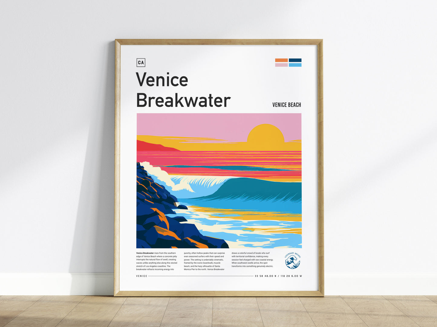 Venice Breakwater, California Poster | Surf & Stone Jetty Coastal Wall Art — framed wall art