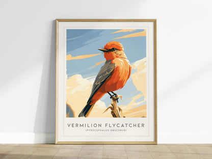 Vermilion Flycatcher, Pyrocephalus obscurus Poster | Brilliant Songbird Nature Poster Wall Art — framed wall art