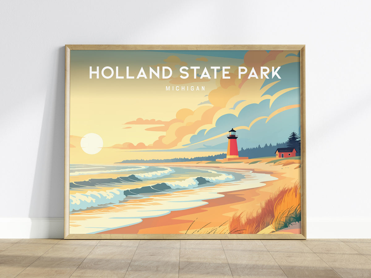 Holland State Park Landscape, Michigan Poster | Big Red Lighthouse Destination Print Wall Art — framed wall art