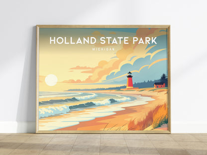 Holland State Park Landscape, Michigan Poster | Big Red Lighthouse Destination Print Wall Art — framed wall art