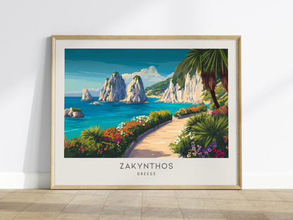 Zakynthos Zakyntos Landscape Matte Border Poster | Greece Coastal Beach Decor Vacation Wall Art — framed wall art
