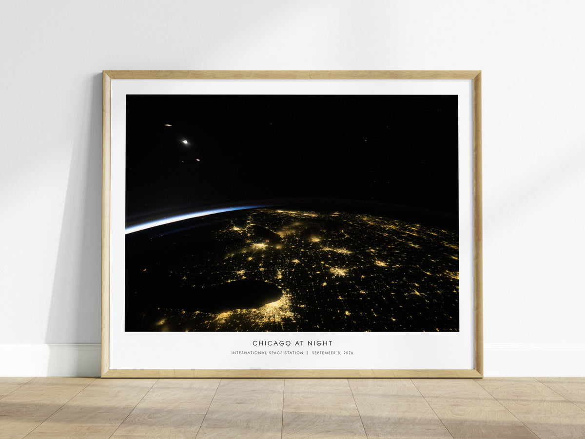 Chicago At Night Landscape Poster | NASA International Space Station Space Photography Wall Art — framed wall art