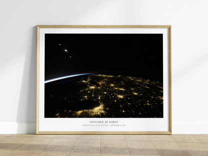 Chicago At Night Landscape Poster | NASA International Space Station Space Photography Wall Art — framed wall art
