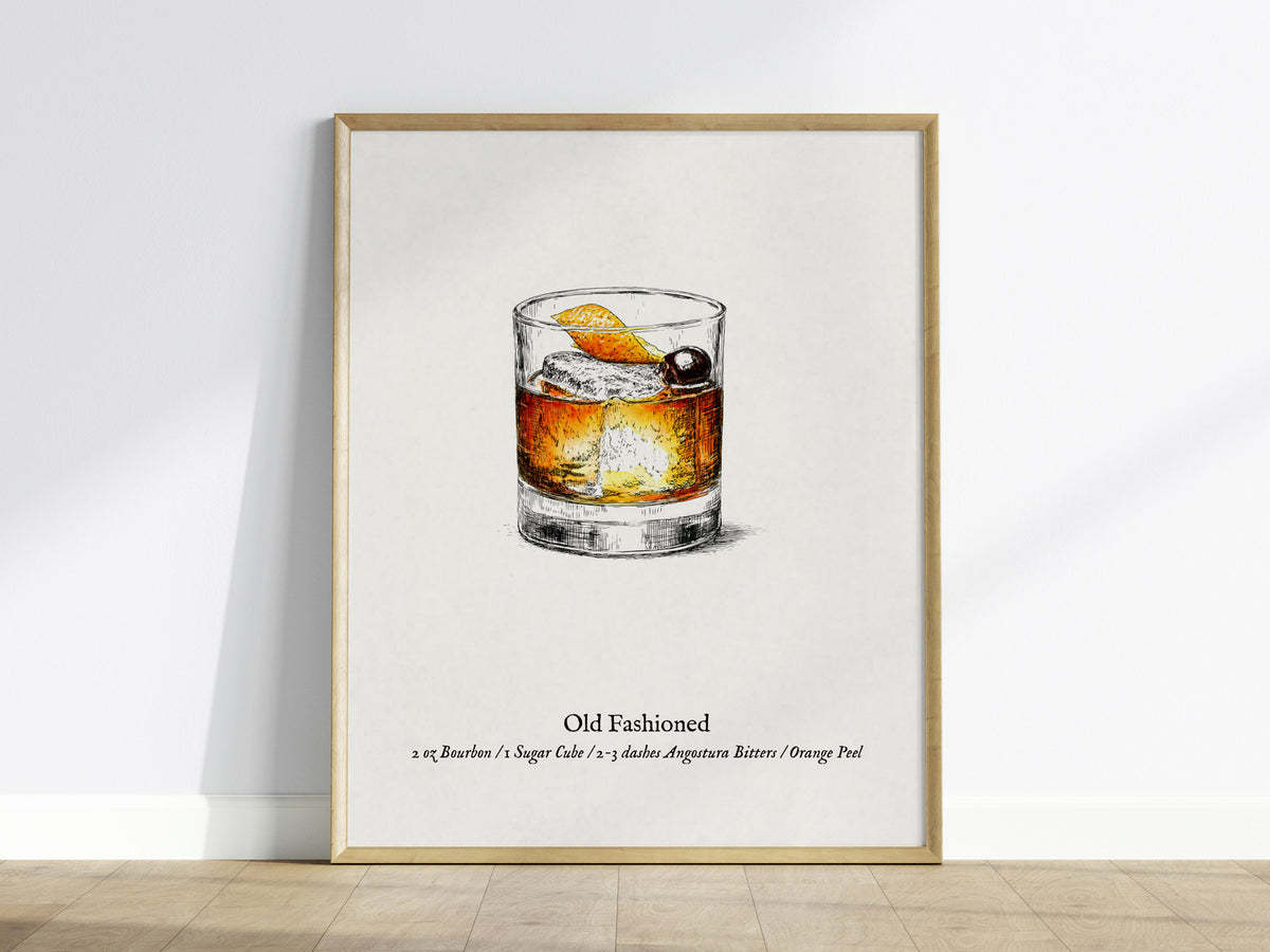 Old Fashioned Cocktail Poster | Vintage Pen & Ink Scientific Illustration Wall Art — framed wall art