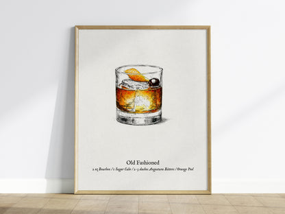 Old Fashioned Cocktail Poster | Vintage Pen & Ink Scientific Illustration Wall Art — framed wall art