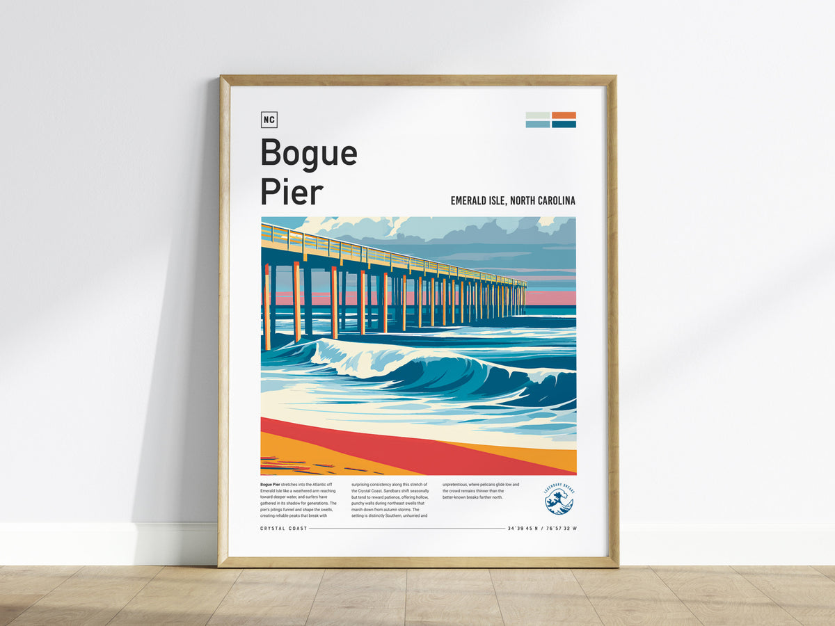 Bogue Pier, Emerald Isle, North Carolina Poster | Surf Wall Art & Beach House Decor — framed wall art