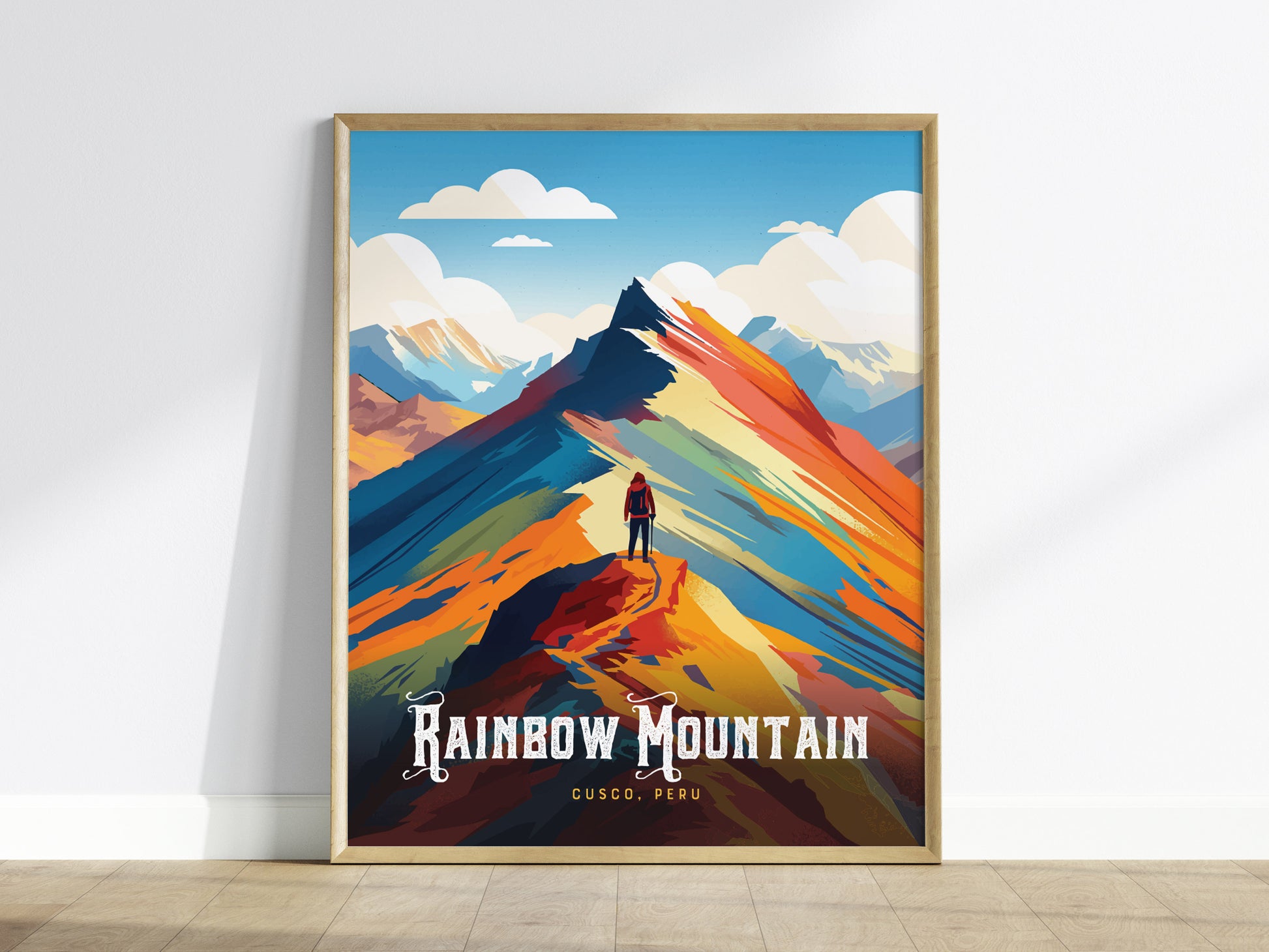 Vibrant Rainbow Mountain Peru poster featuring a silhouetted figure against multicolored peaks, ideal travel art for adventurers.