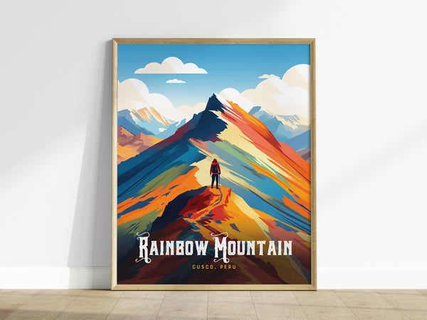 Vibrant Rainbow Mountain Peru poster featuring a silhouetted figure against multicolored peaks, ideal travel art for adventurers.