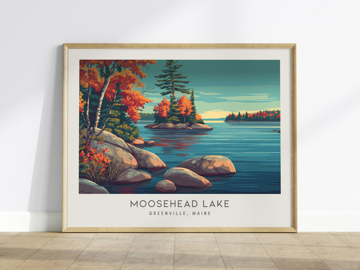 Moosehead Lake Landscape Matte Border Poster | Greenville, Maine Vacation Wall Art — framed wall art
