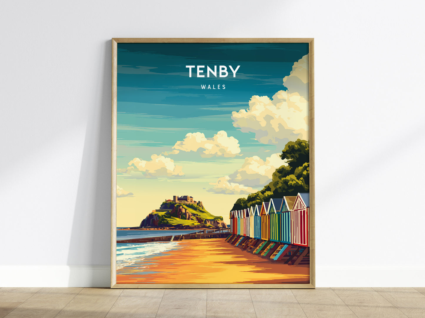 Tenby, Wales Poster | Pastel Harbour & Coastal Cliffs Wall Art — framed wall art