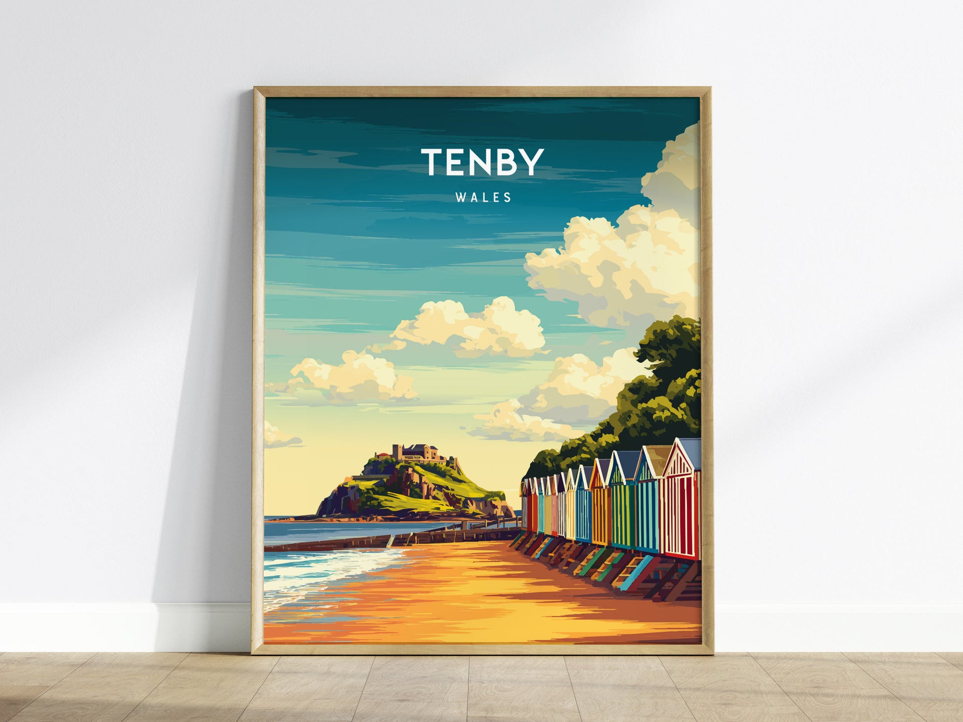 Tenby, Wales Poster | Pastel Harbour & Coastal Cliffs Wall Art — framed wall art