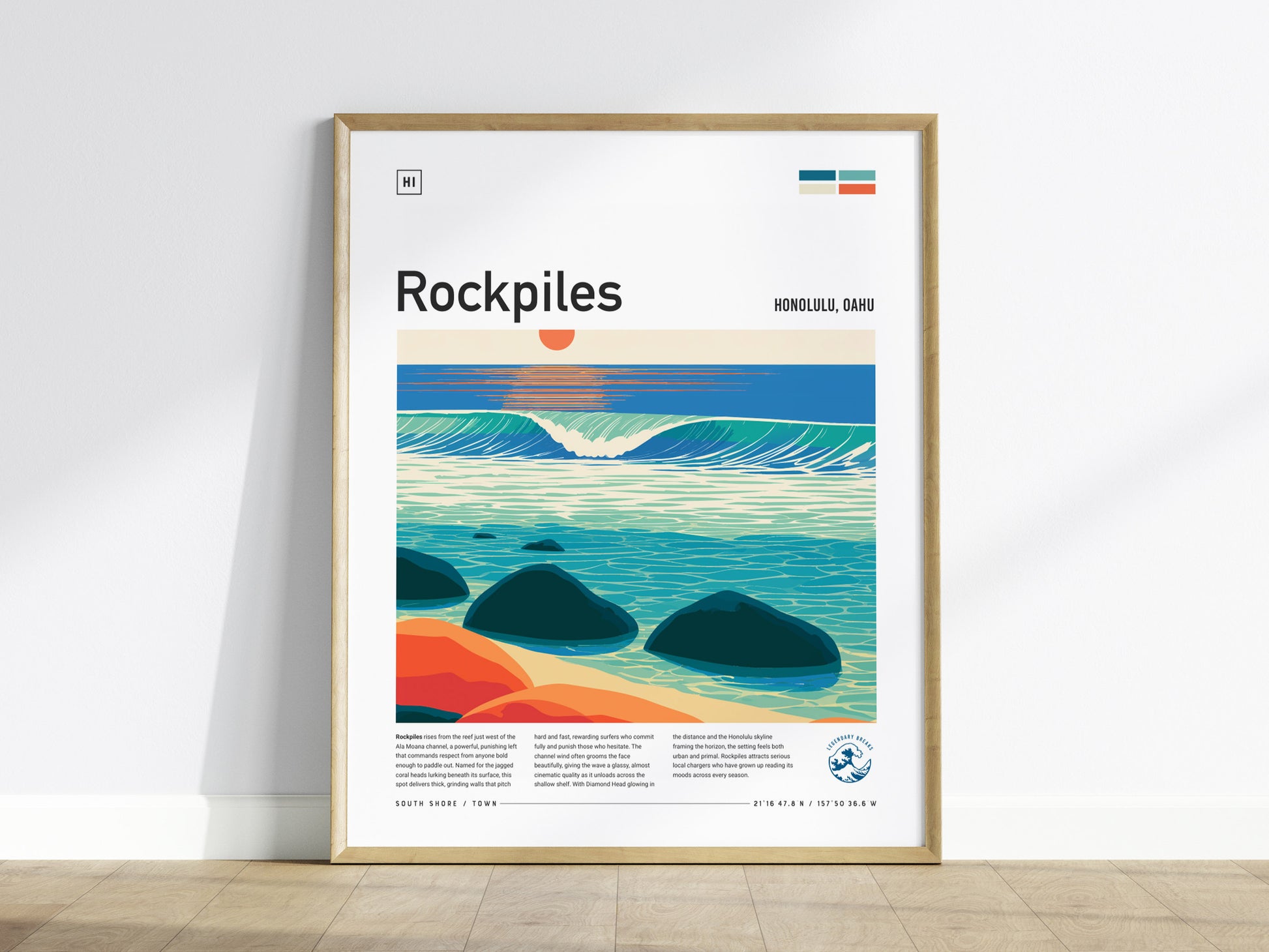 Rockpiles, Hawaii Poster | Golden Hour North Shore Surf Wall Art — framed wall art