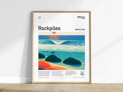 Rockpiles, Hawaii Poster | Golden Hour North Shore Surf Wall Art — framed wall art