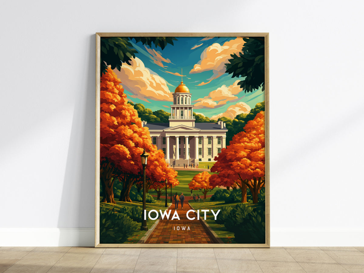 Iowa City, Iowa Poster | Heartland Campus & River Charm Travel Wall Art — framed wall art