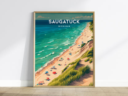 Saugatuck, Michigan Poster | Lakeside Dunes & Harbor Village Wall Art — framed wall art