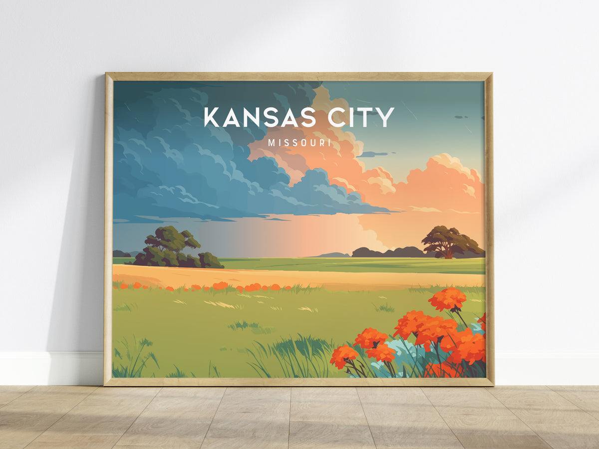 Kansas City, Missouri Landscape Poster | BBQ Jazz & Skyline Travel Gift Wall Art — framed wall art