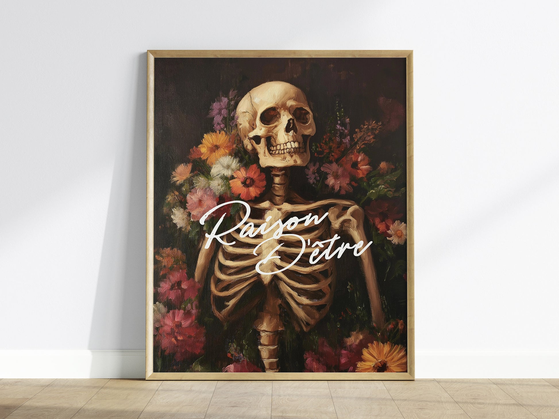 Raison d’Être Skeleton Art Print – Dark Academia Gothic Floral Wall Decor, Memento Mori Aesthetic, Framed/Unframed Macabre Poster - Swell Scenes