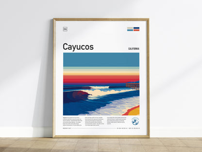 Cayucos, California Poster | Sun-Soaked Surf Town Coastal Wall Art — framed wall art