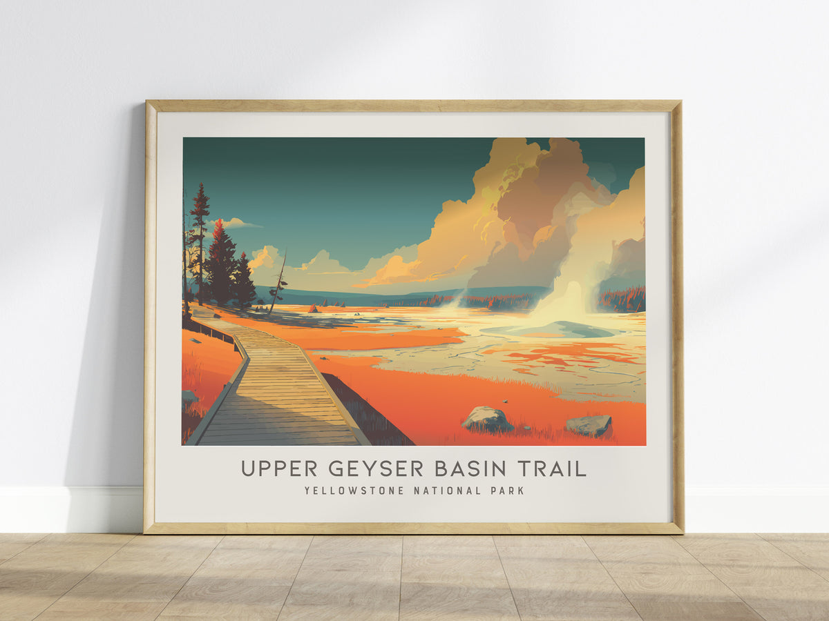 Upper Geyser Basin Trail Landscape Matte Border Poster | Yellowstone National Park Framed or Unframed Travel Gift — framed wa