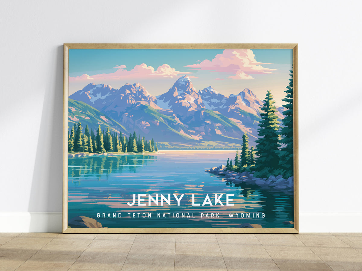 Jenny Lake Landscape Poster | Grand Teton National Park, Wyoming Framed or Unframed Travel Gift Wall Art — framed wall art