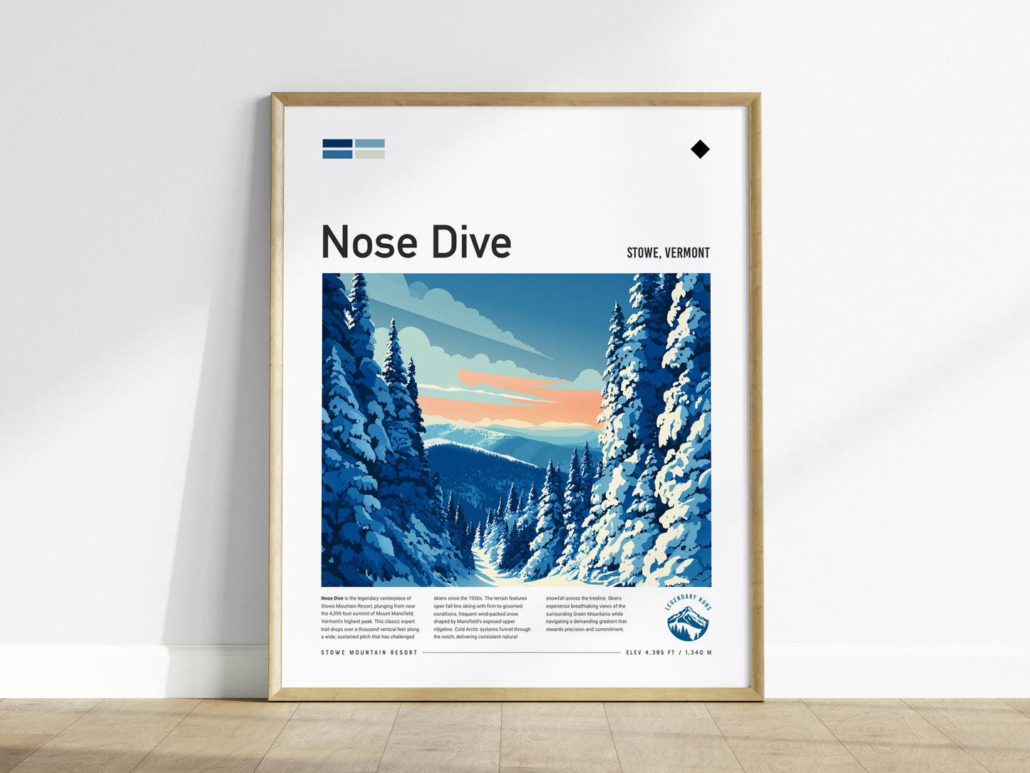 Nose Dive, Stowe, Vermont Poster | Bold Ski Run Mountain Wall Art — framed wall art