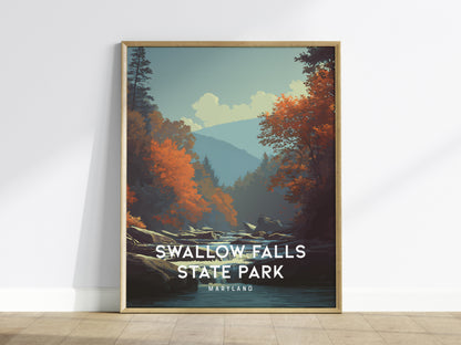 Swallow Falls State Park, Maryland Poster | Waterfall Forest Destination Print Wall Art — framed wall art