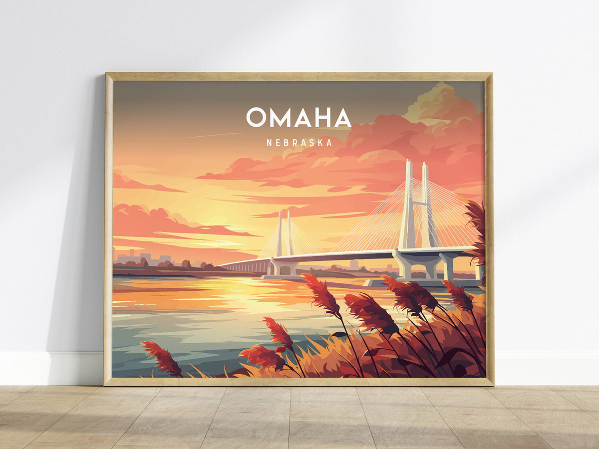 Omaha, Nebraska Landscape Poster | Midwest Cityscape Travel Gift Wall Art — framed wall art