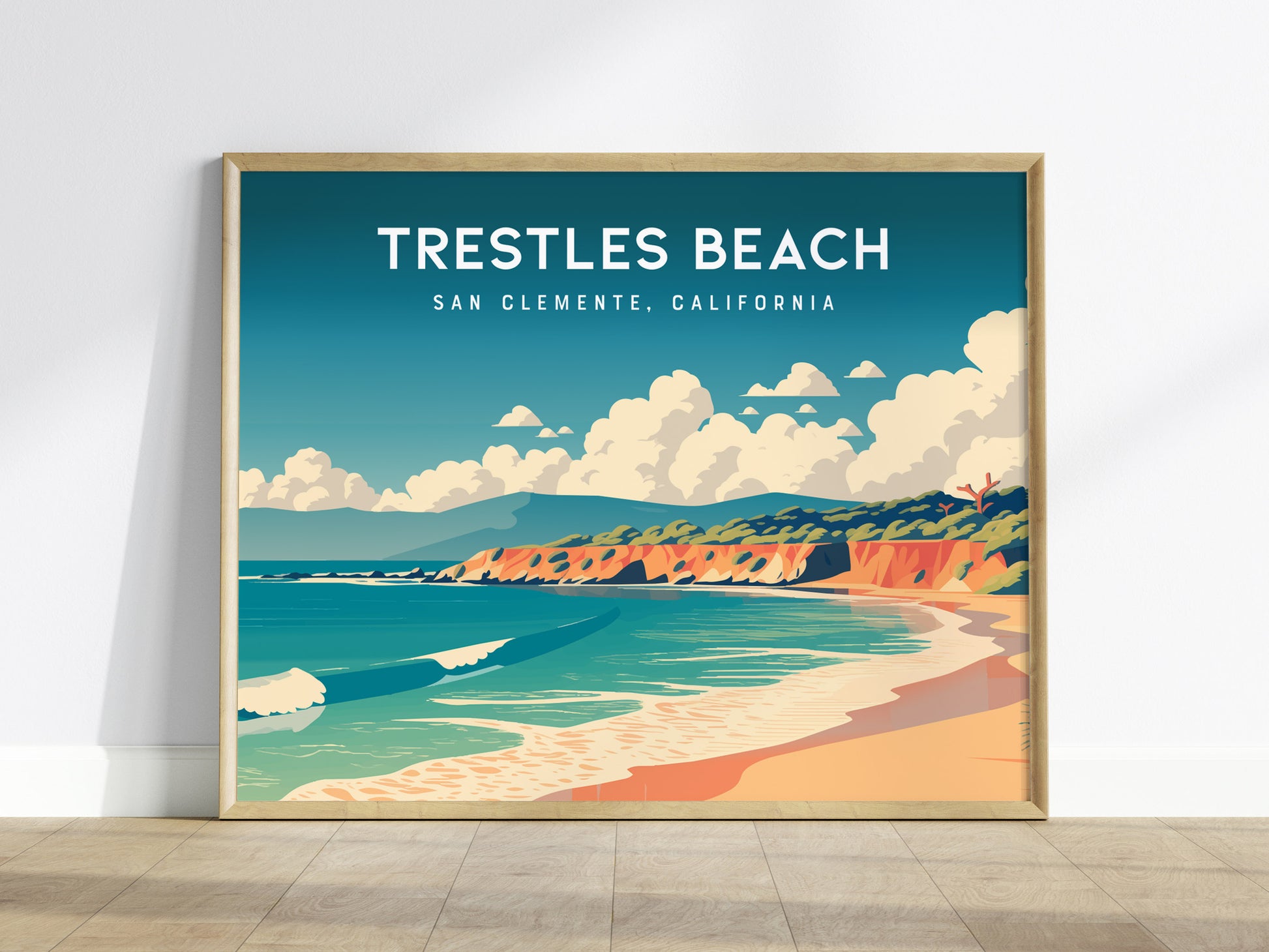 Trestles Beach Landscape, San Clemente, California Poster | Coastal Beach Decor Travel Gift Wall Art — framed wall art