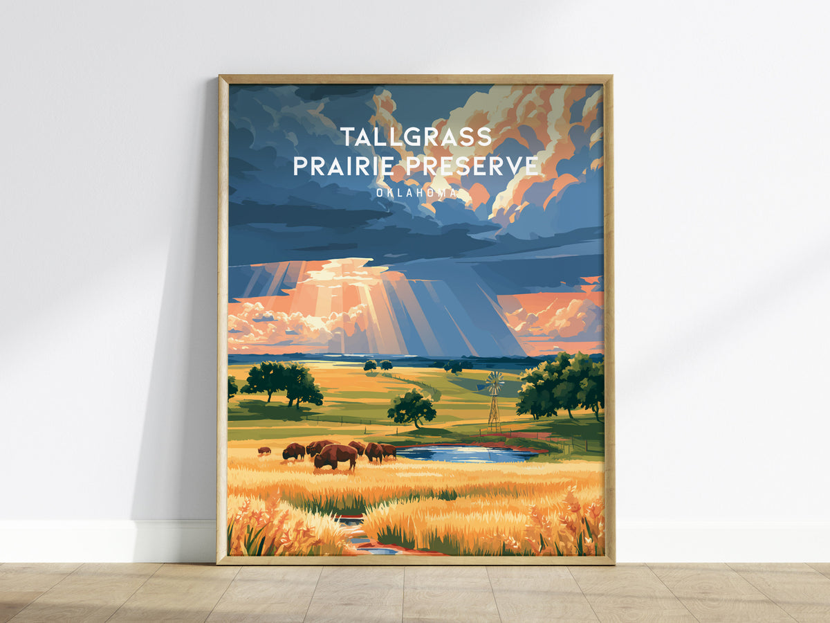 Tallgrass Prairie Preserve, Oklahoma Poster | Golden Plains & Bison Framed or Unframed Wall Art — framed wall art