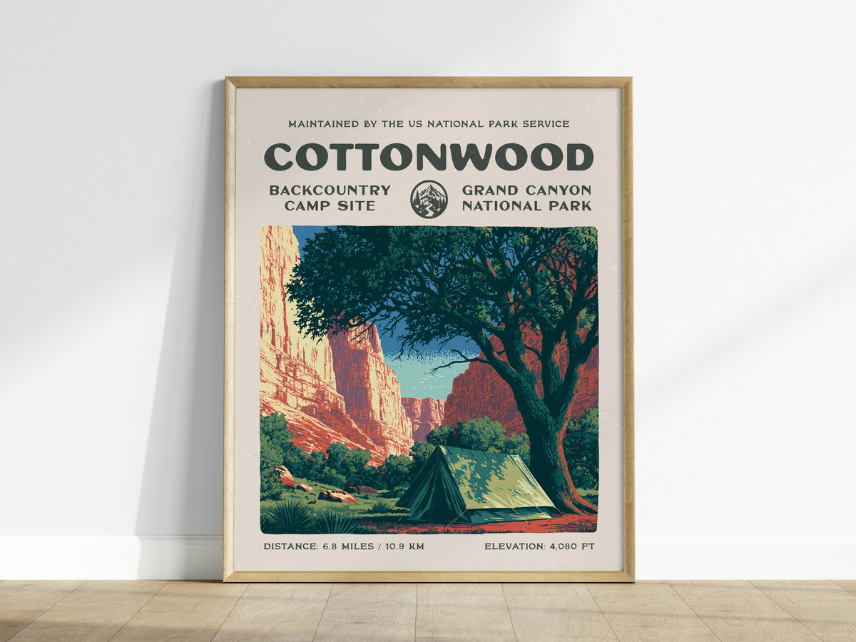 Cottonwood Camp, Grand Canyon National Park Poster | Camper Gift | Backcountry Canyon Trail Wall Art — framed wall art