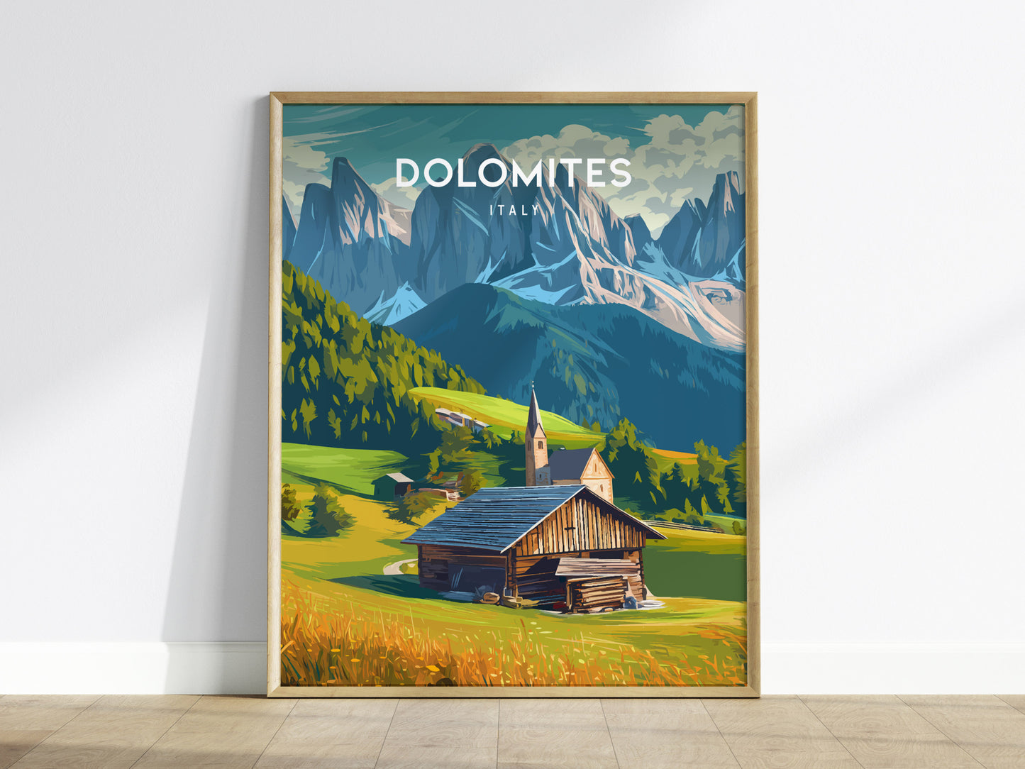 Dolomites, Italy Poster | Alpine Peaks & Meadow Travel Wall Art — framed wall art