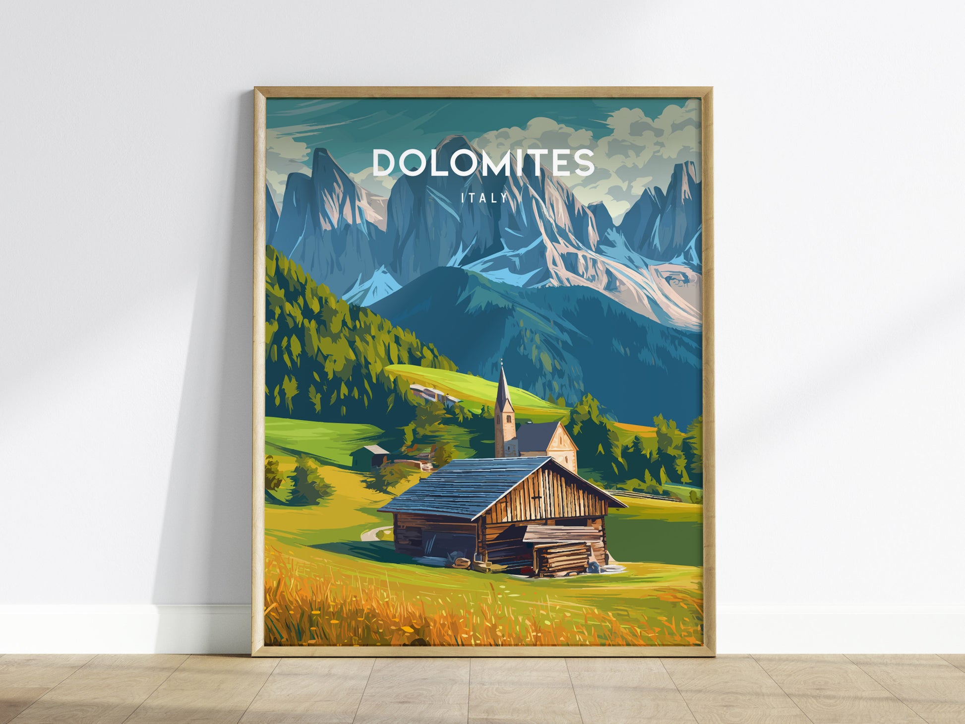 Dolomites, Italy Poster | Alpine Peaks & Meadow Travel Wall Art — framed wall art