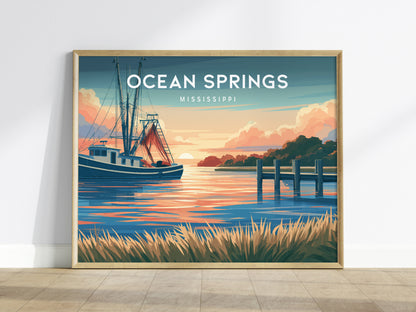 Ocean Springs, Mississippi Landscape Poster | Destination Print Beach House Decor Wall Art — framed wall art