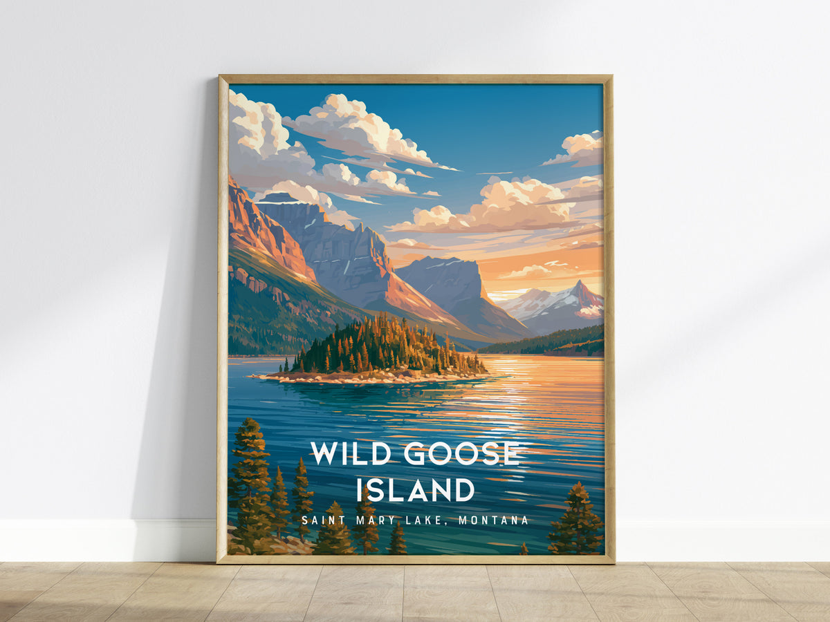 Wild Goose Island, Saint Mary Lake, Montana Poster | Mountain Lake Destination Print Wall Art — framed wall art
