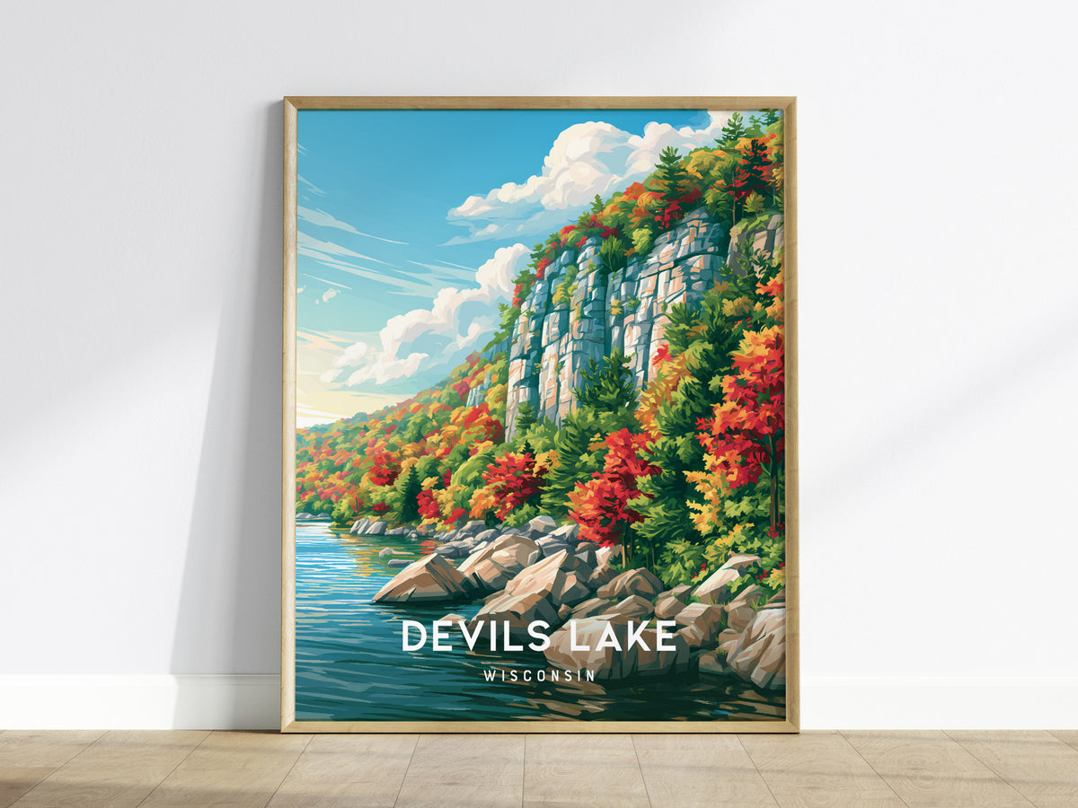Devils Lake, Wisconsin Poster | Bluffs & Blue Water Travel Wall Art — framed wall art