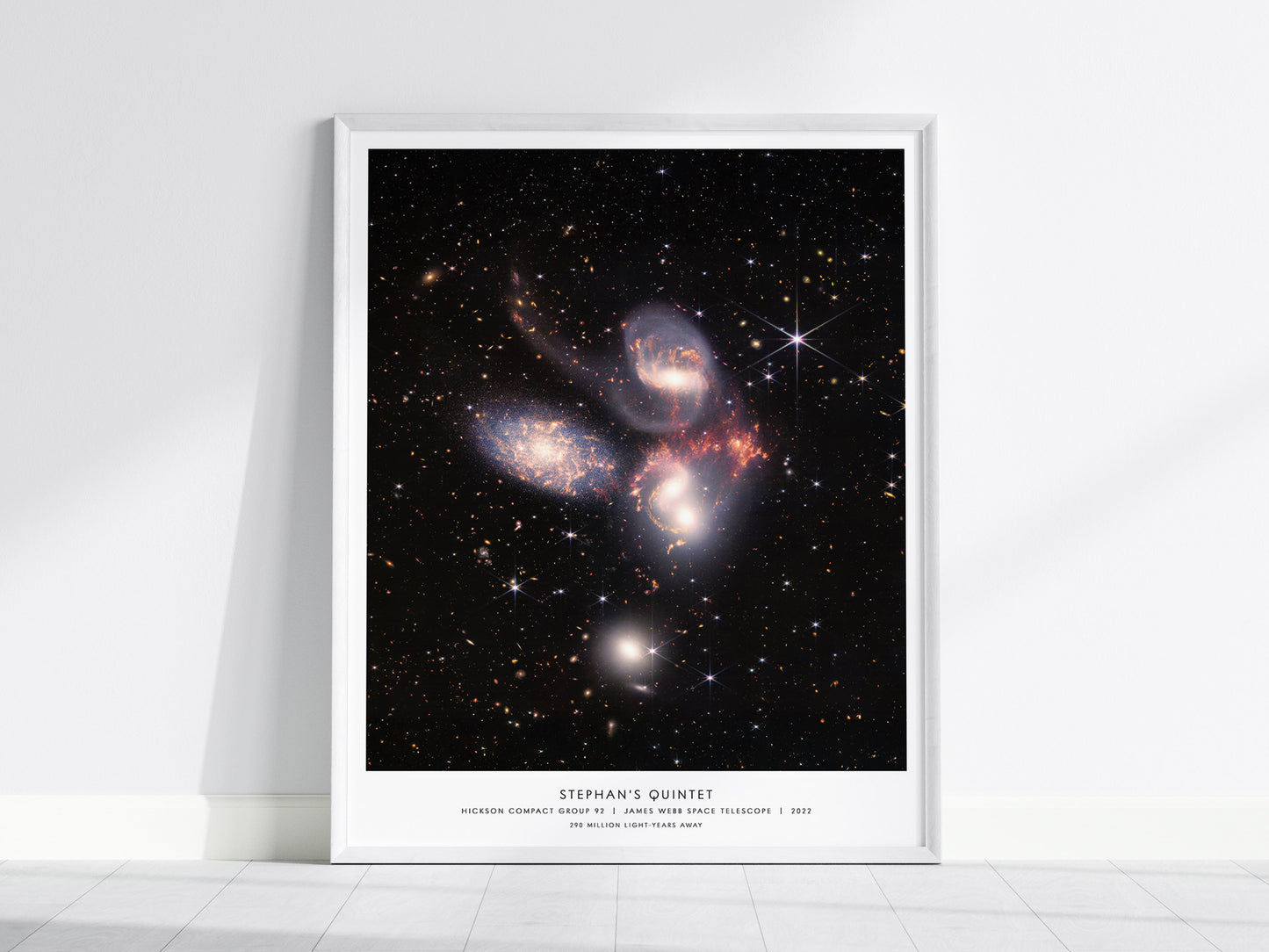 Framed poster of Stephan's Quintet galaxy on a white wall
