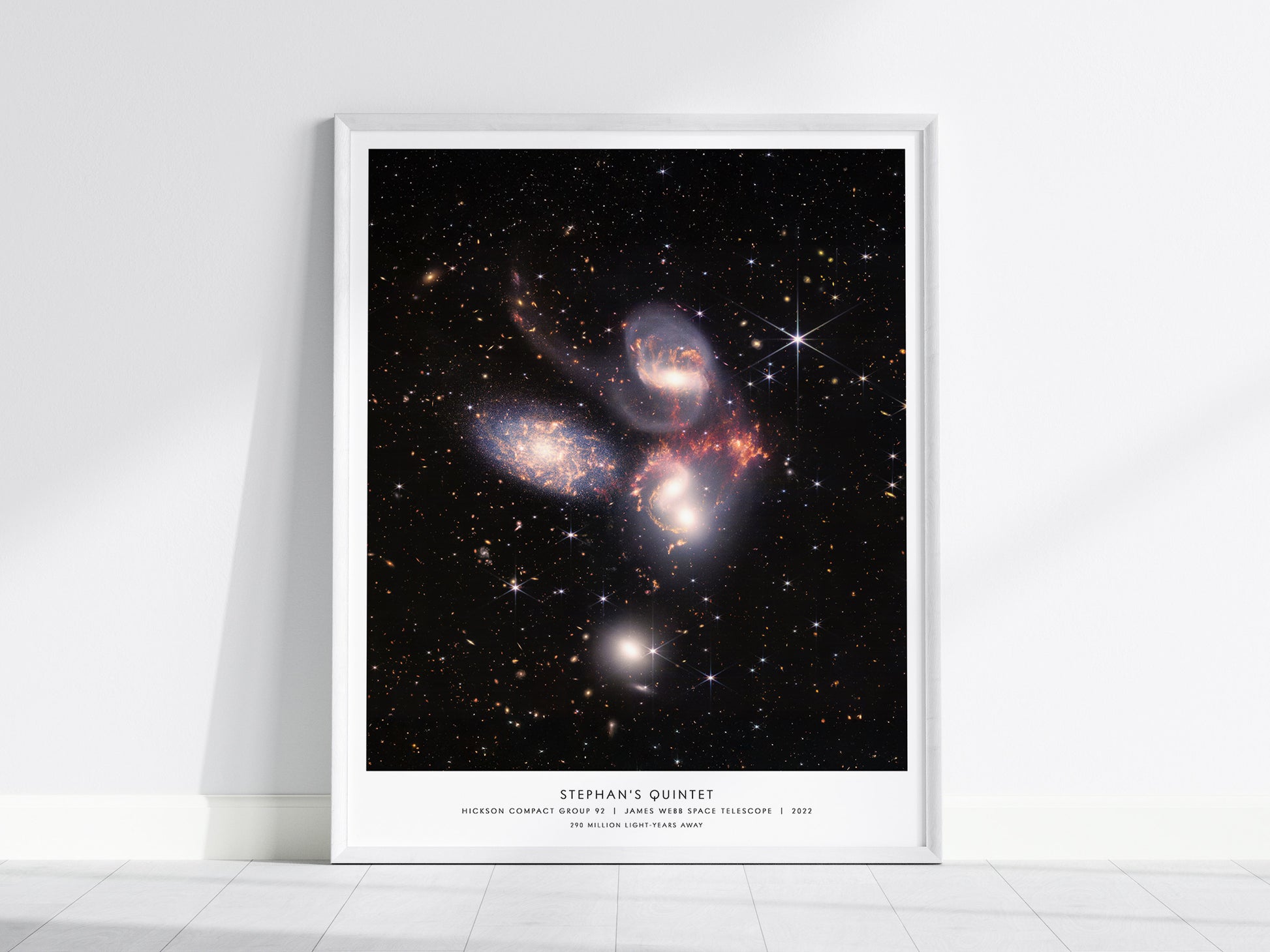 Framed poster of Stephan's Quintet galaxy on a white wall