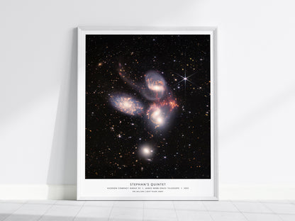 Framed poster of Stephan's Quintet galaxy on a white wall