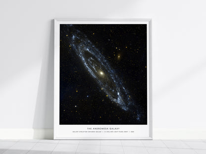 Framed poster of the Andromeda Galaxy on a white wall.